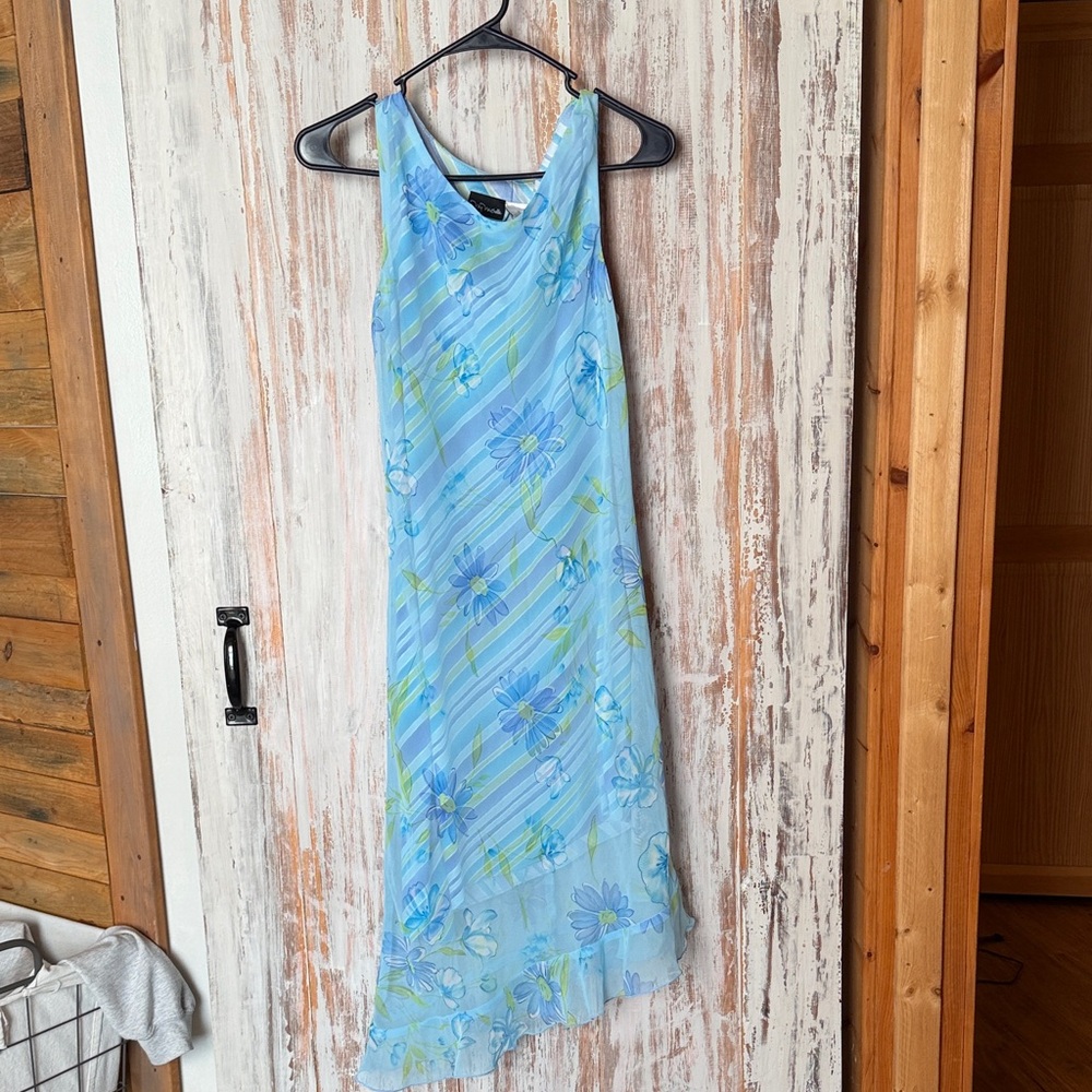 Vintage Y2K Floral and Striped Blue Sleeveless Dress with Ruffle Asymmetrical He